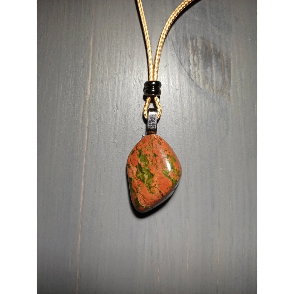 Unakite Pendant Necklace Tan Waxed Cord Adjustable Break Away Closure